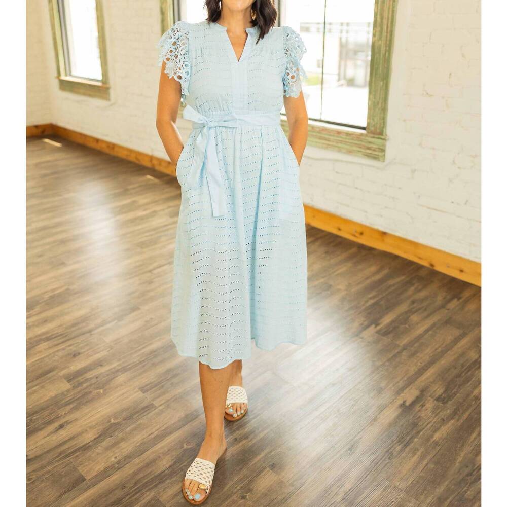 NEW ELLISON rynlee eyelet midi dress in blue